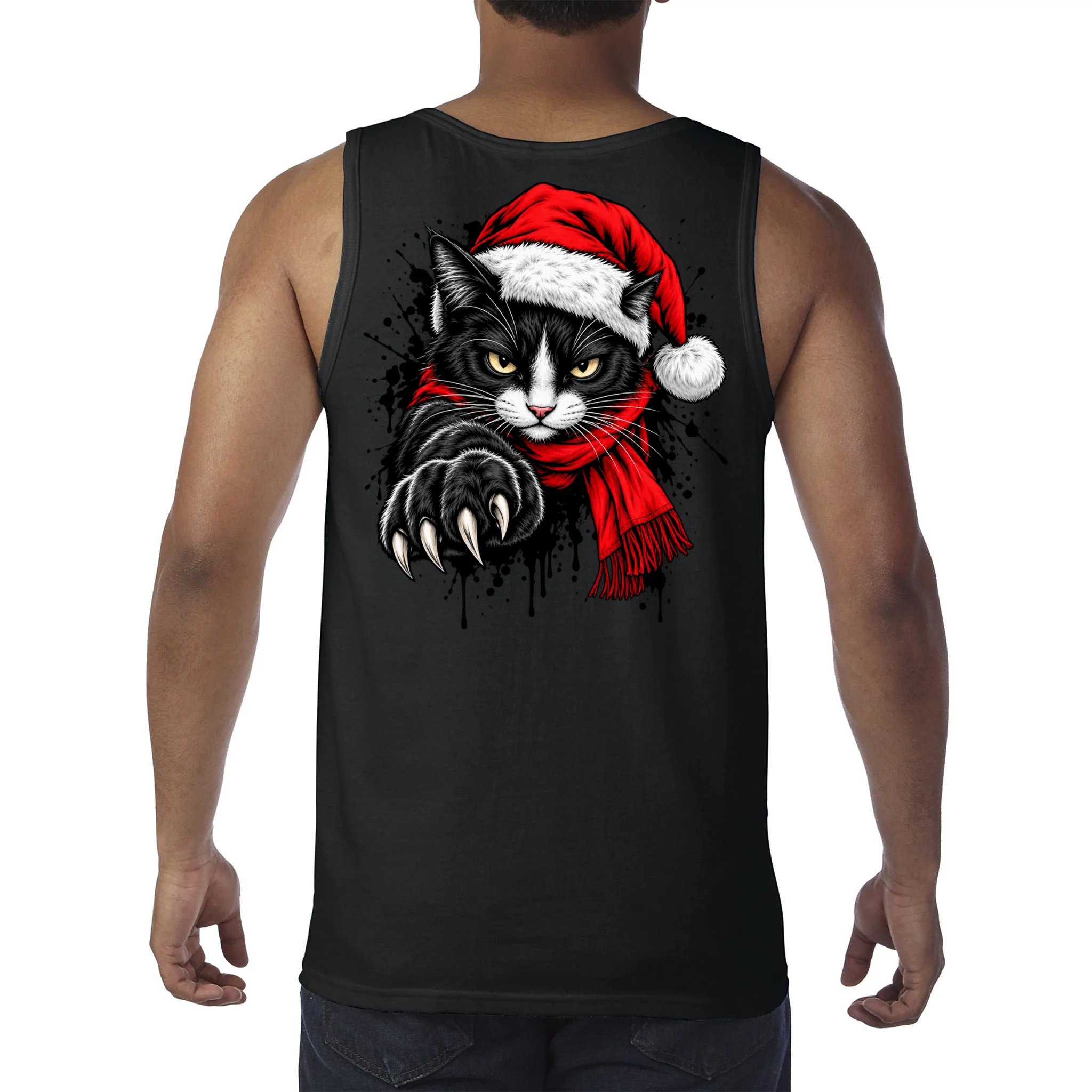 Christmas Cat Portrait Personalized Pet Gift - Grumpy Cat Santa Hat Custom Design Men's Tank Top - Back