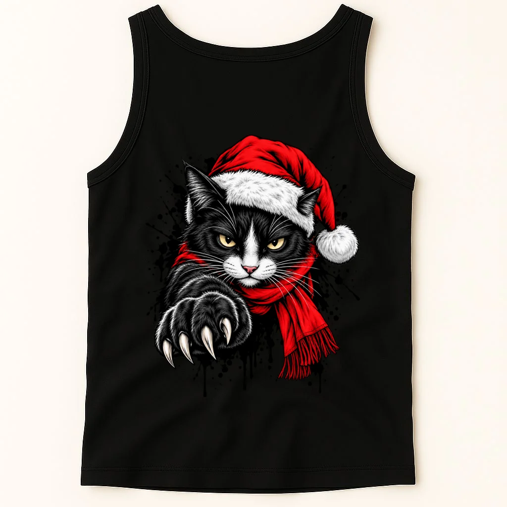 Christmas Cat Portrait Personalized Pet Gift - Grumpy Cat Santa Hat Custom Design Men's Tank Top - Back 1