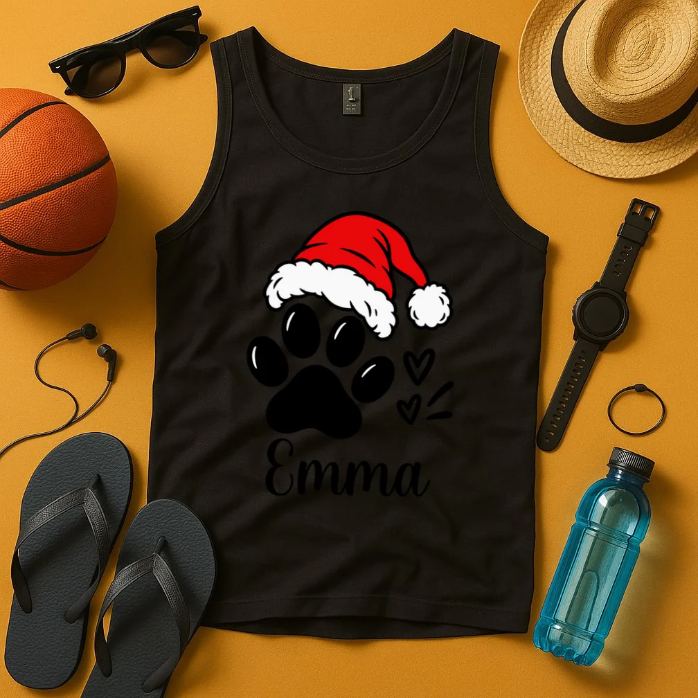 Christmas Cat Portrait Personalized Pet Gift - Grumpy Cat Santa Hat Custom Design Men's Tank Top - Front 3