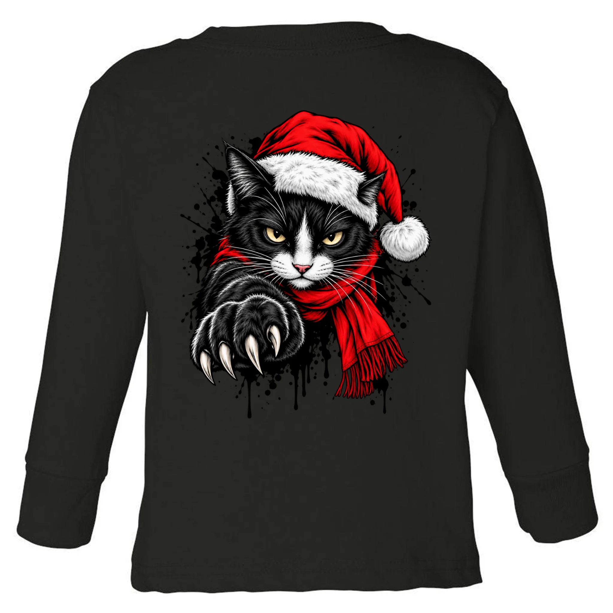 Christmas Cat Portrait Personalized Pet Gift - Grumpy Cat Santa Hat Custom Design Toddler Long Sleeve Shirt - Back - Close-up
