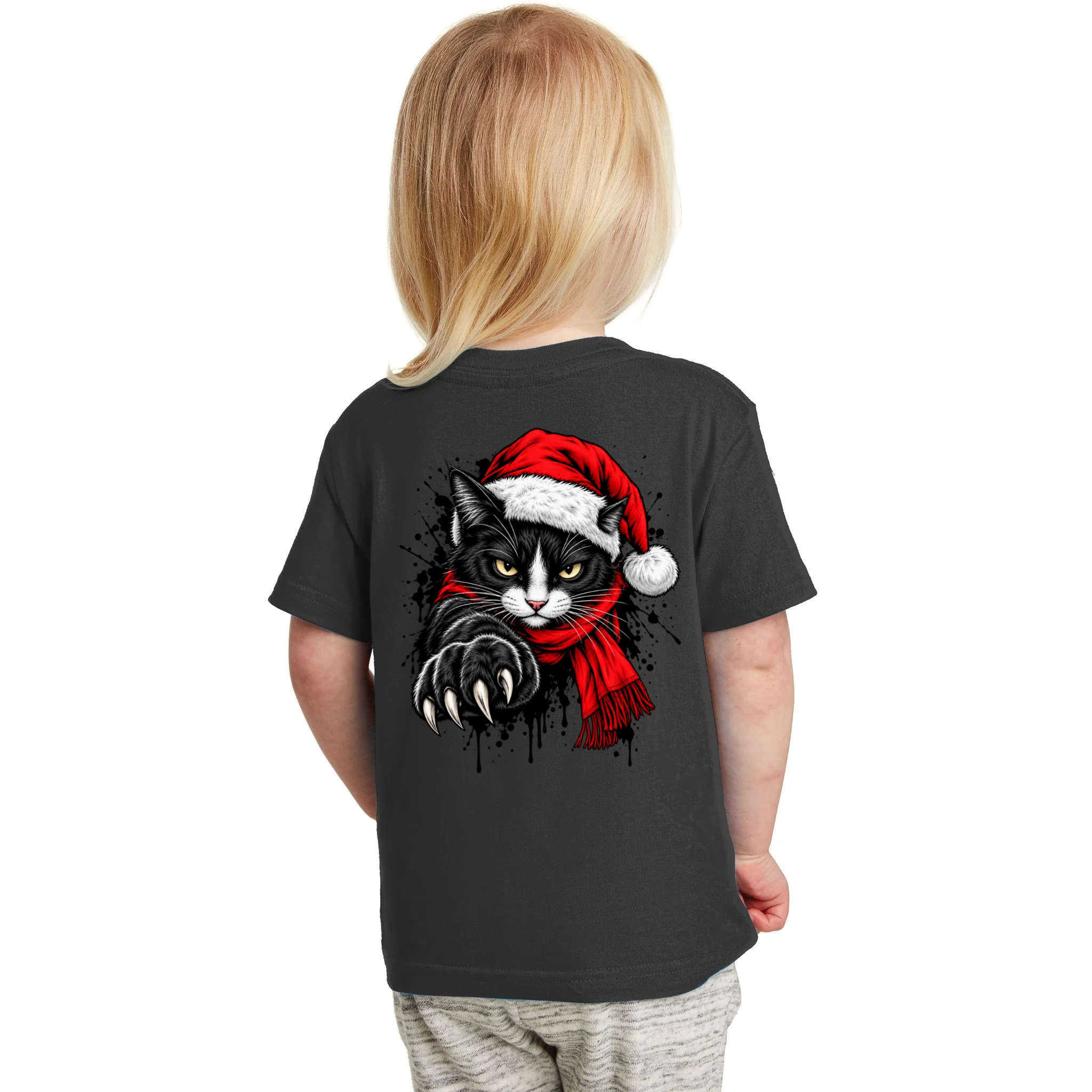 Christmas Cat Portrait Personalized Pet Gift - Grumpy Cat Santa Hat Custom Design Toddler T-Shirt - Back