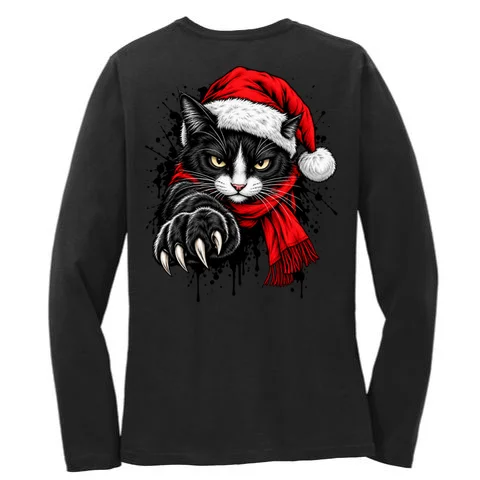 Christmas Cat Portrait Personalized Pet Gift - Grumpy Cat Santa Hat Custom Design Women's Long Sleeve Shirt - Back - Close-up