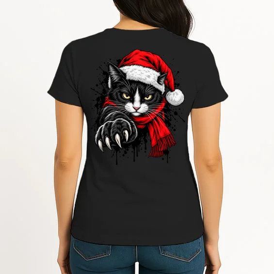 Christmas Cat Portrait Personalized Pet Gift - Grumpy Cat Santa Hat Custom Design Women's T-Shirt - Back
