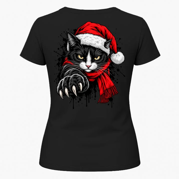 Christmas Cat Portrait Personalized Pet Gift - Grumpy Cat Santa Hat Custom Design Women's T-Shirt - Back 1