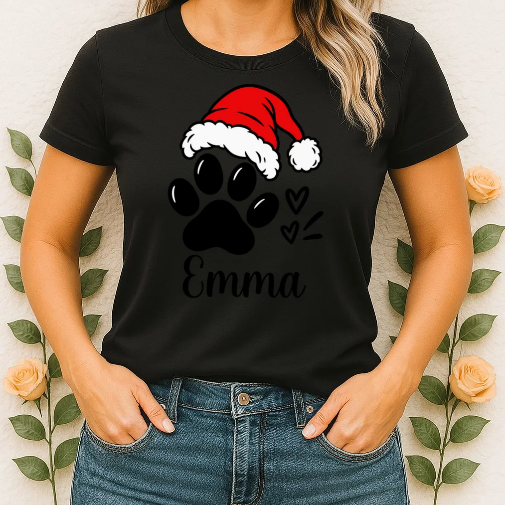 Christmas Cat Portrait Personalized Pet Gift - Grumpy Cat Santa Hat Custom Design Women's T-Shirt - Front 1