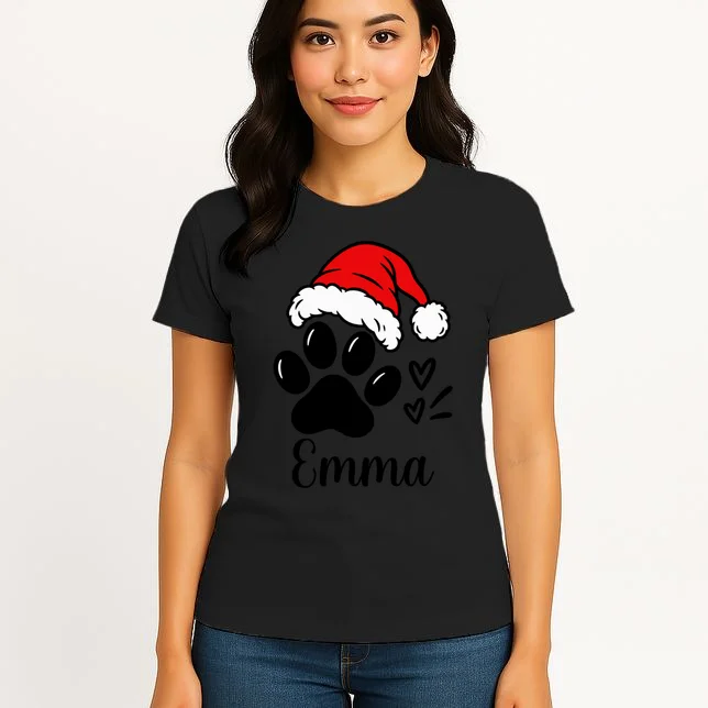 Christmas Cat Portrait Personalized Pet Gift - Grumpy Cat Santa Hat Custom Design Women's T-Shirt - Front 3