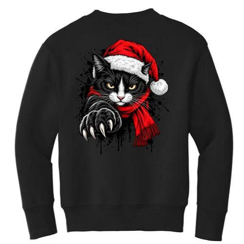 Christmas Cat Portrait Personalized Pet Gift - Grumpy Cat Santa Hat Custom Design Kids Sweatshirt - Back - Close-up
