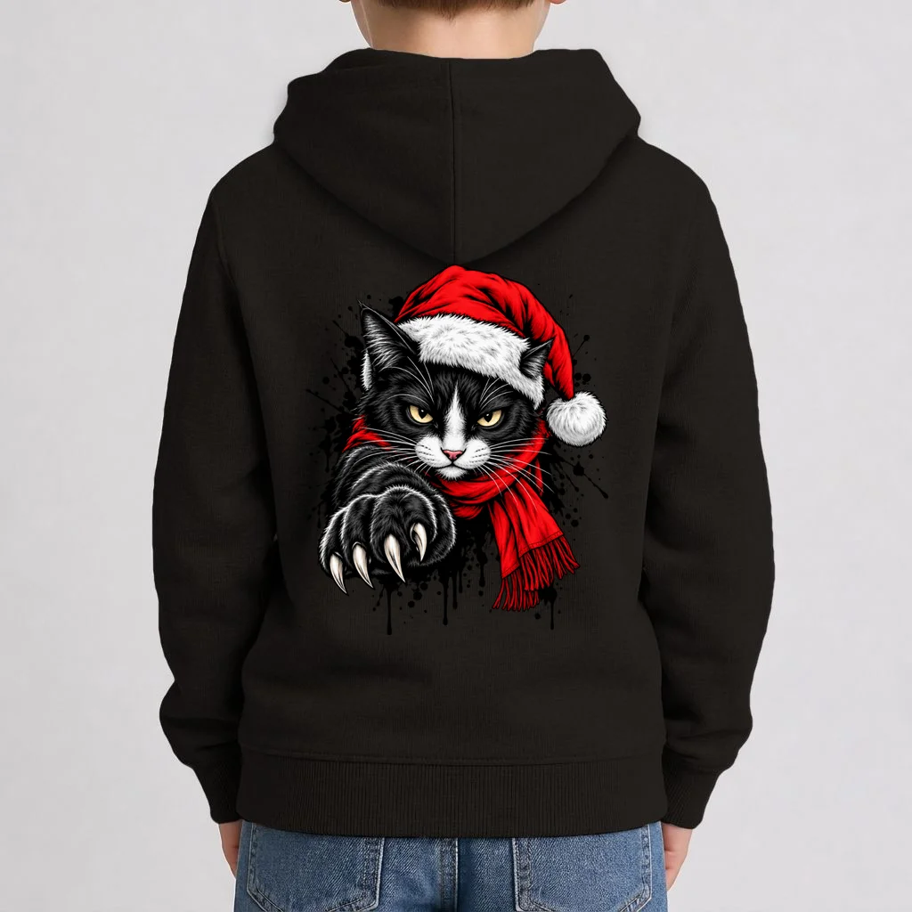 Christmas Cat Portrait Personalized Pet Gift - Grumpy Cat Santa Hat Custom Design Kids Hoodie - Back 1