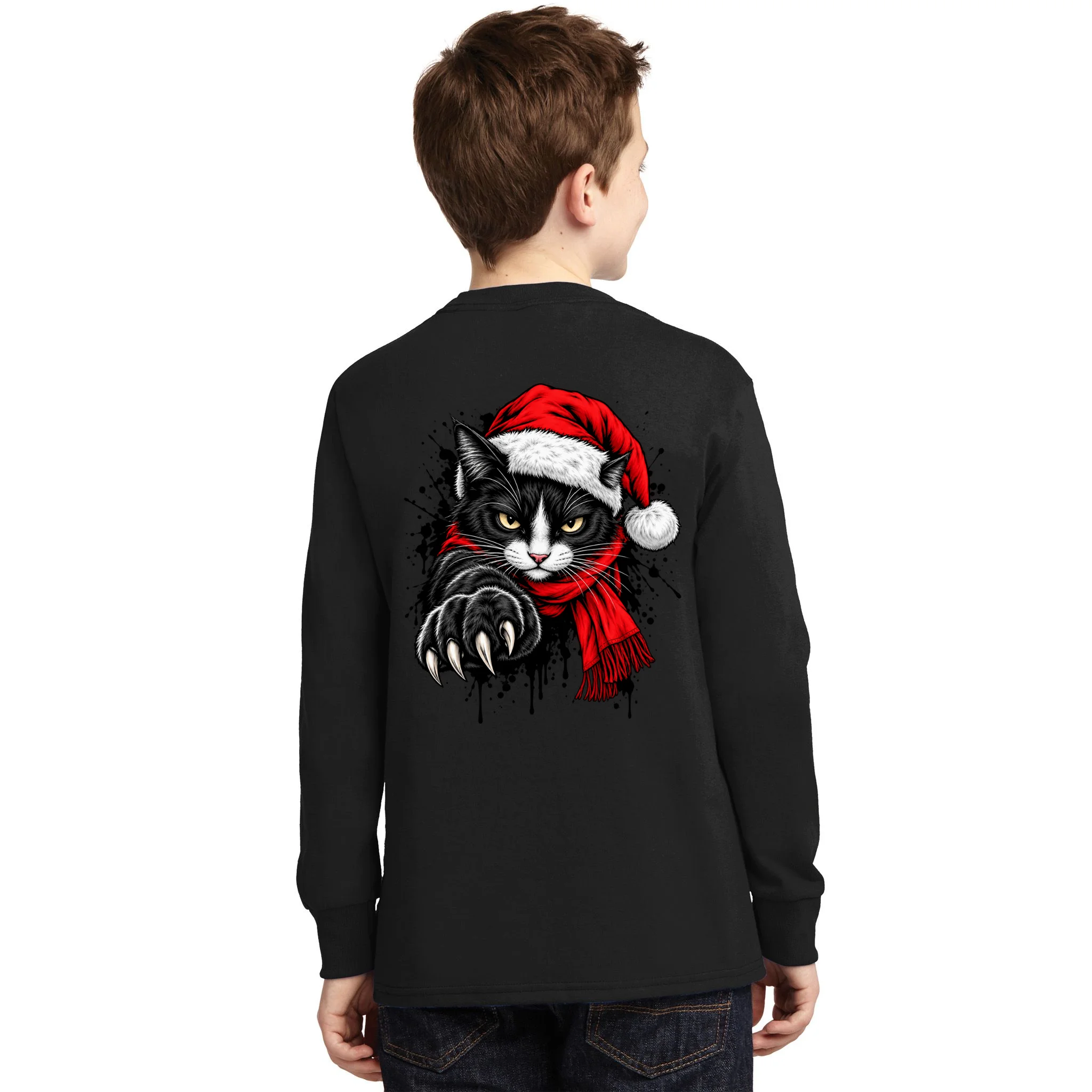Christmas Cat Portrait Personalized Pet Gift - Grumpy Cat Santa Hat Custom Design Kids Long Sleeve Shirt - Back - Close-up