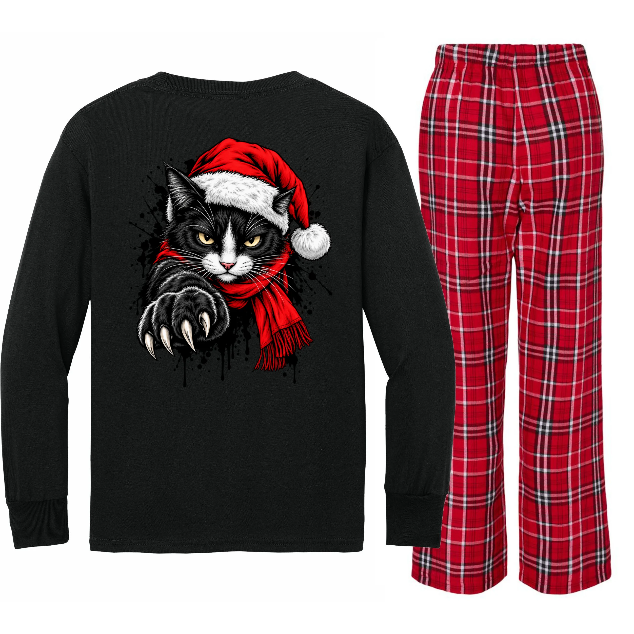 Christmas Cat Portrait Personalized Pet Gift - Grumpy Cat Santa Hat Custom Design Kids Long Sleeve Pajamas - Back - Close-up