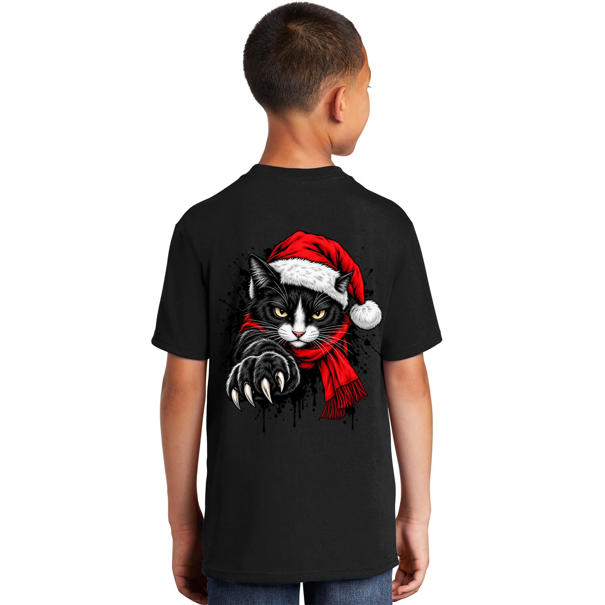 Christmas Cat Portrait Personalized Pet Gift - Grumpy Cat Santa Hat Custom Design Kids T-Shirt - Back