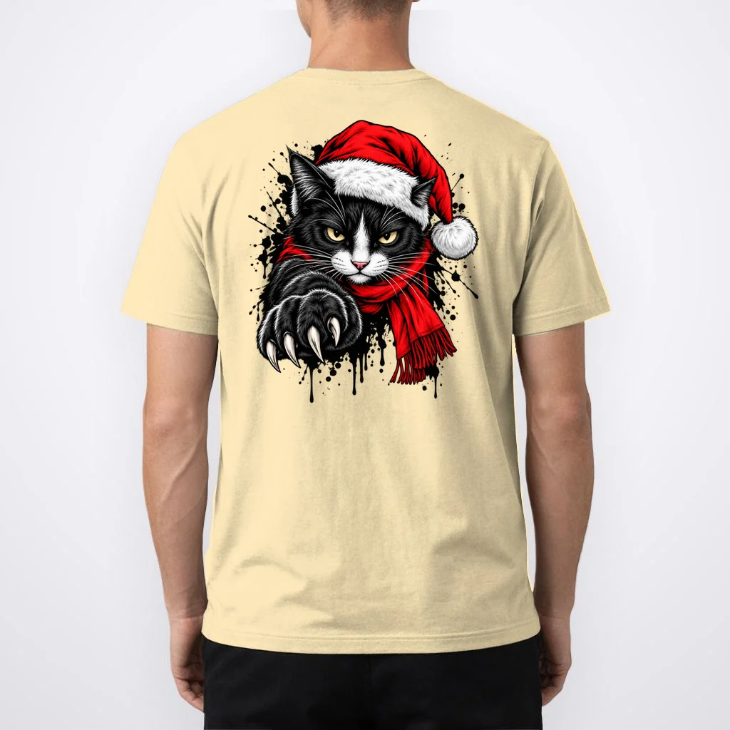 Christmas Cat Portrait Personalized Pet Gift - Grumpy Cat Santa Hat Custom Design Men's T-Shirt - Back 1