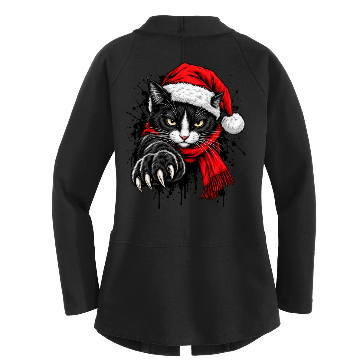 Christmas Cat Portrait Personalized Pet Gift - Grumpy Cat Santa Hat Custom Design Women's Cardigan - Back - Close-up