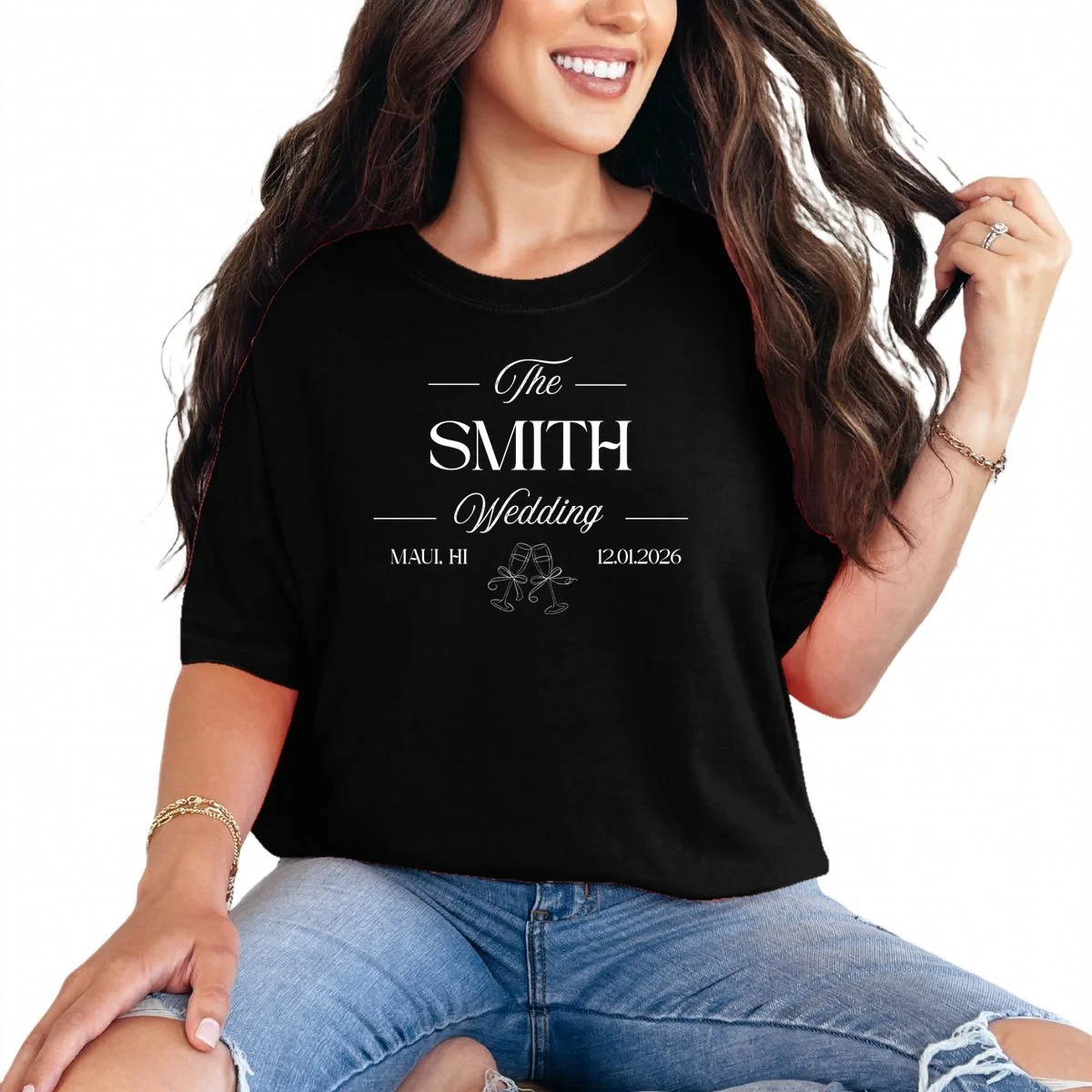 Champagne Glass Toast The Wedding Name, Location, Date T-Shirt - Front