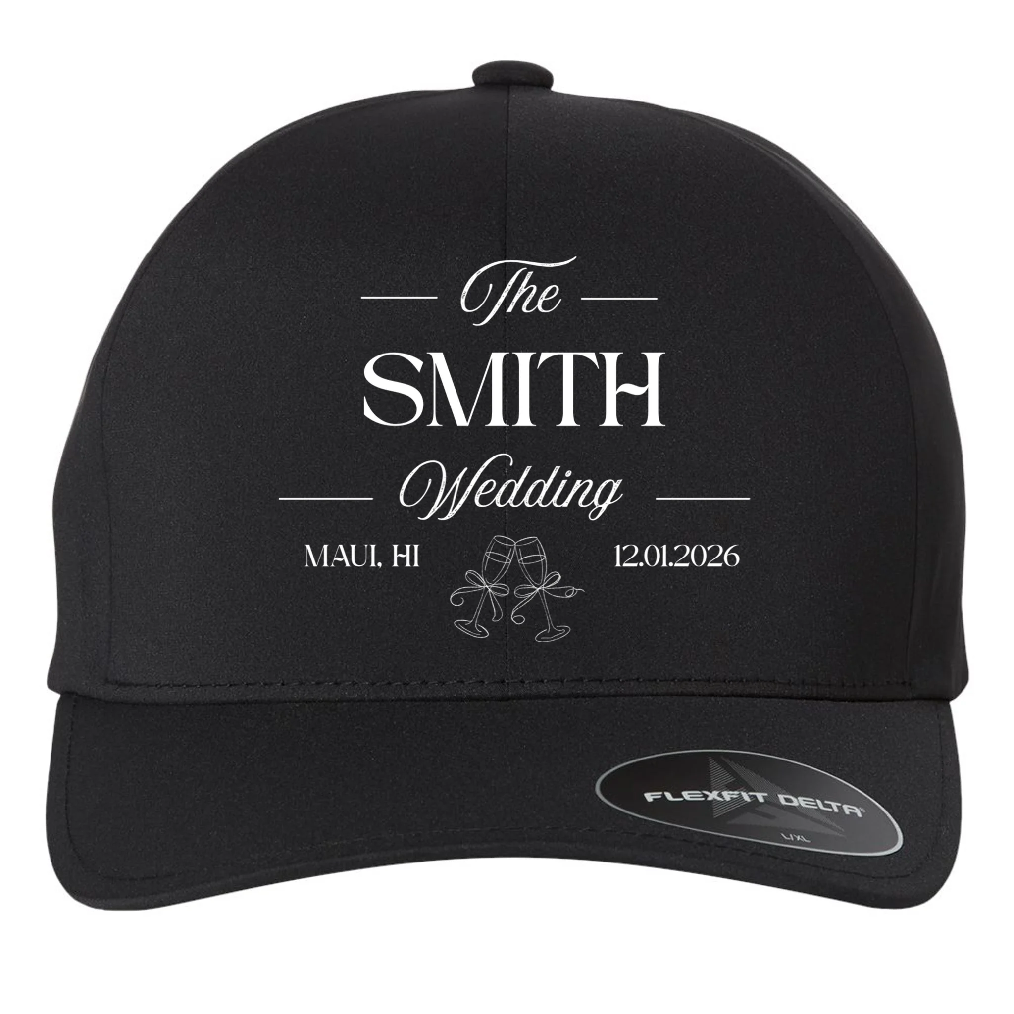 Champagne Glass Toast The Wedding Name, Location, Date Flexfit Men's Snapback Hat - Front