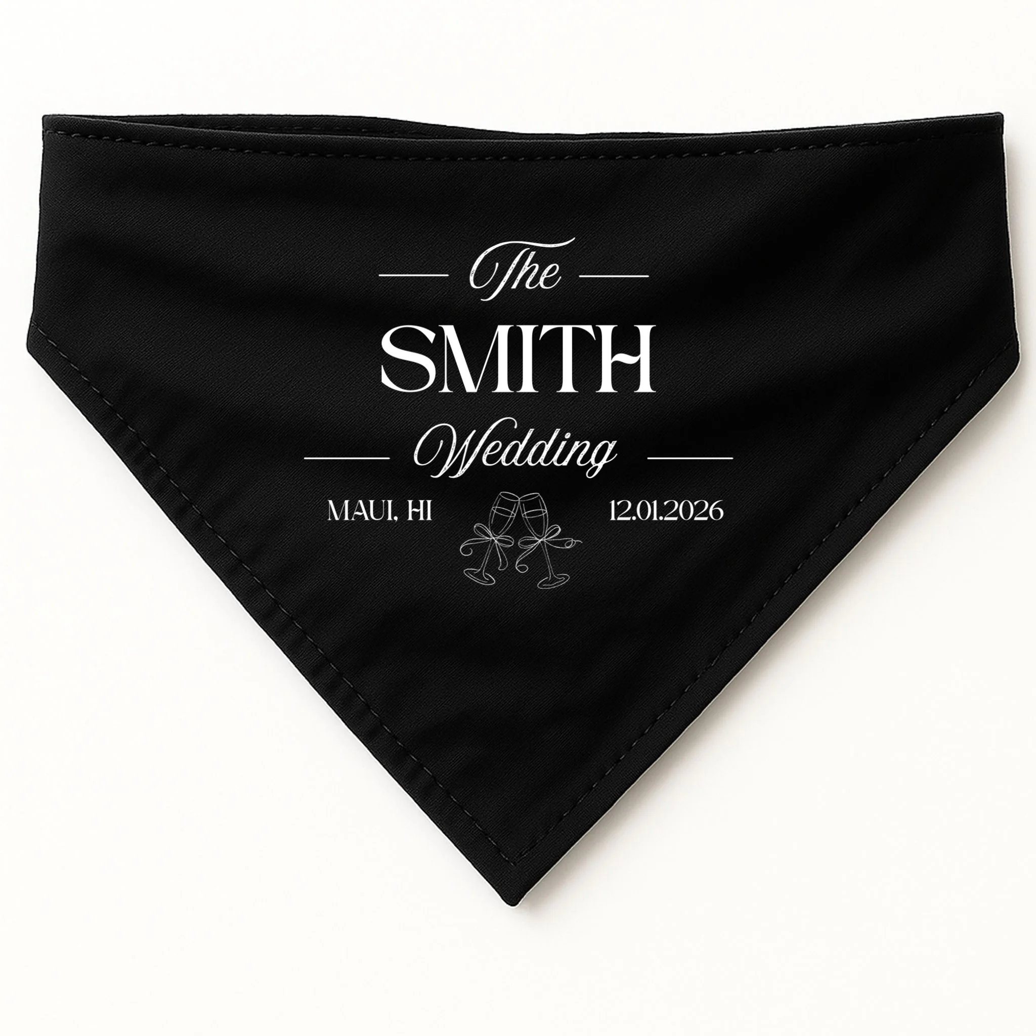 Champagne Glass Toast The Wedding Name, Location, Date Dog Bandana - Front