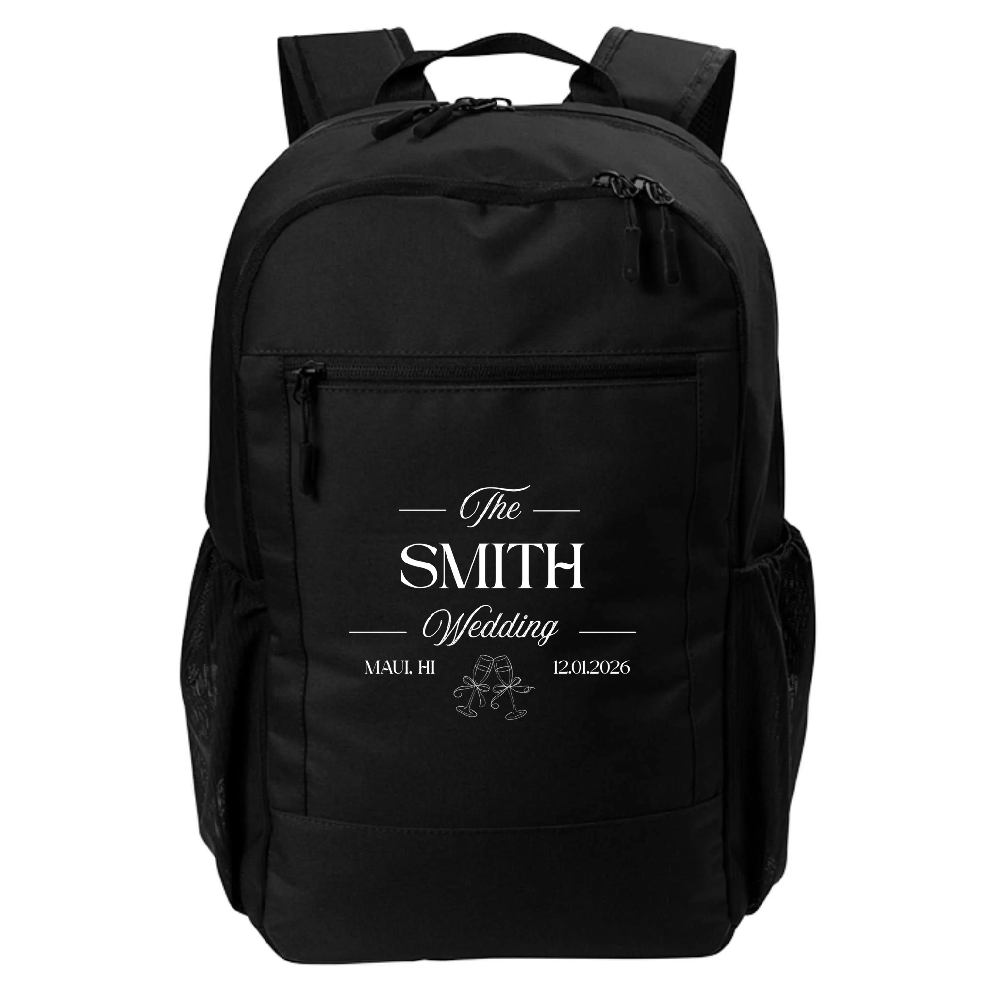 Champagne Glass Toast The Wedding Name, Location, Date Backpack - Front