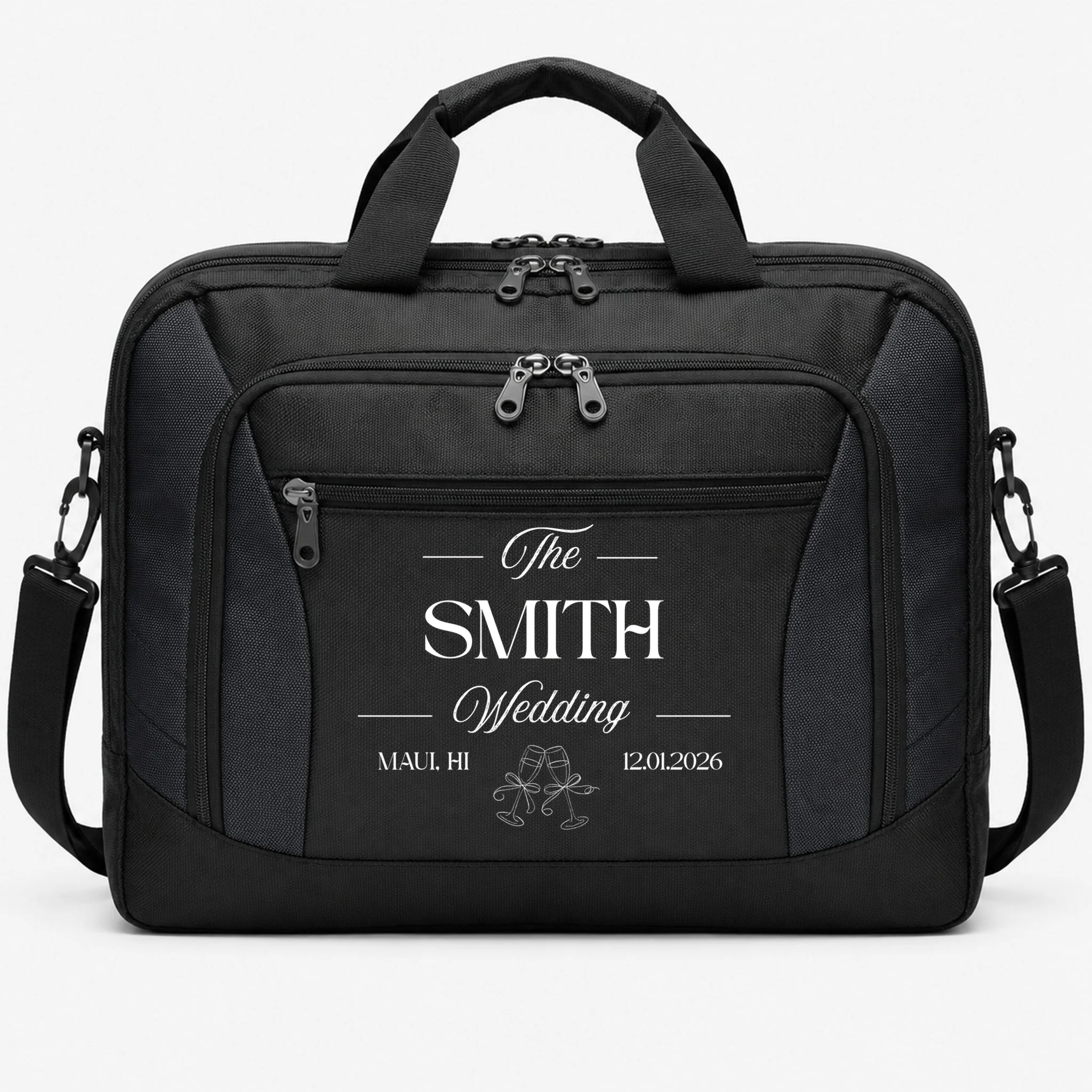 Champagne Glass Toast The Wedding Name, Location, Date Briefcase - Front