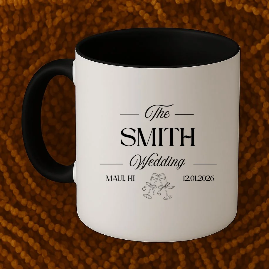 Champagne Glass Toast The Wedding Name, Location, Date Coffee Mug - Front 1