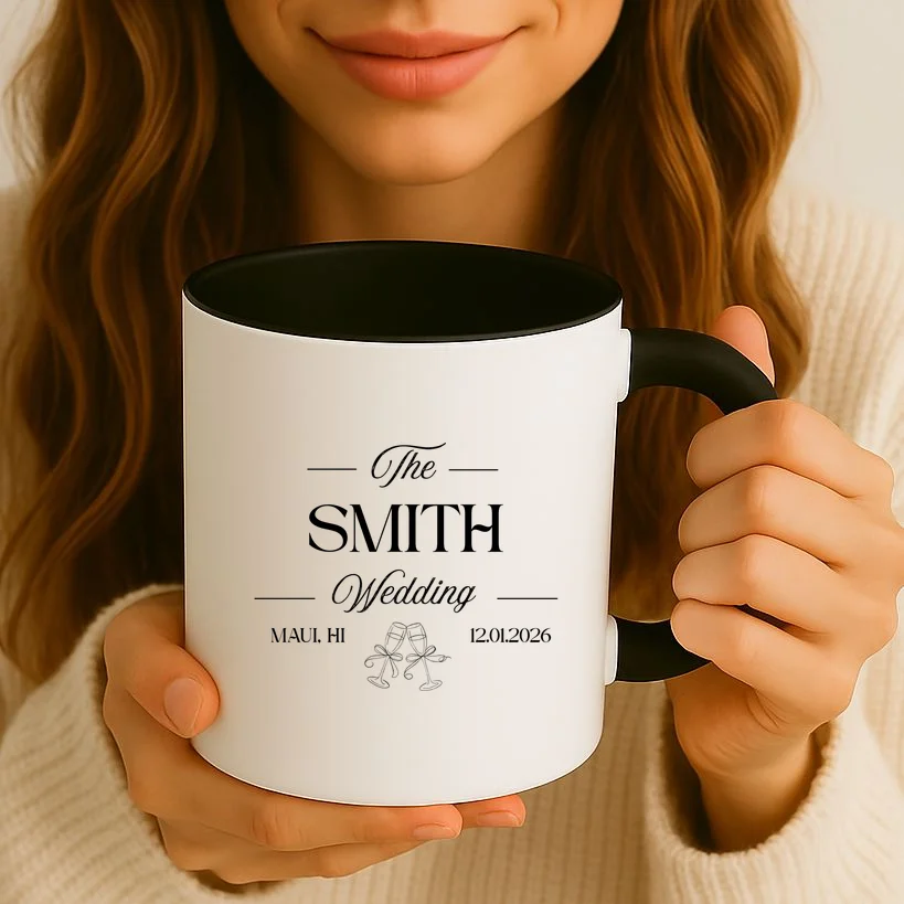 Champagne Glass Toast The Wedding Name, Location, Date Coffee Mug - Front 2