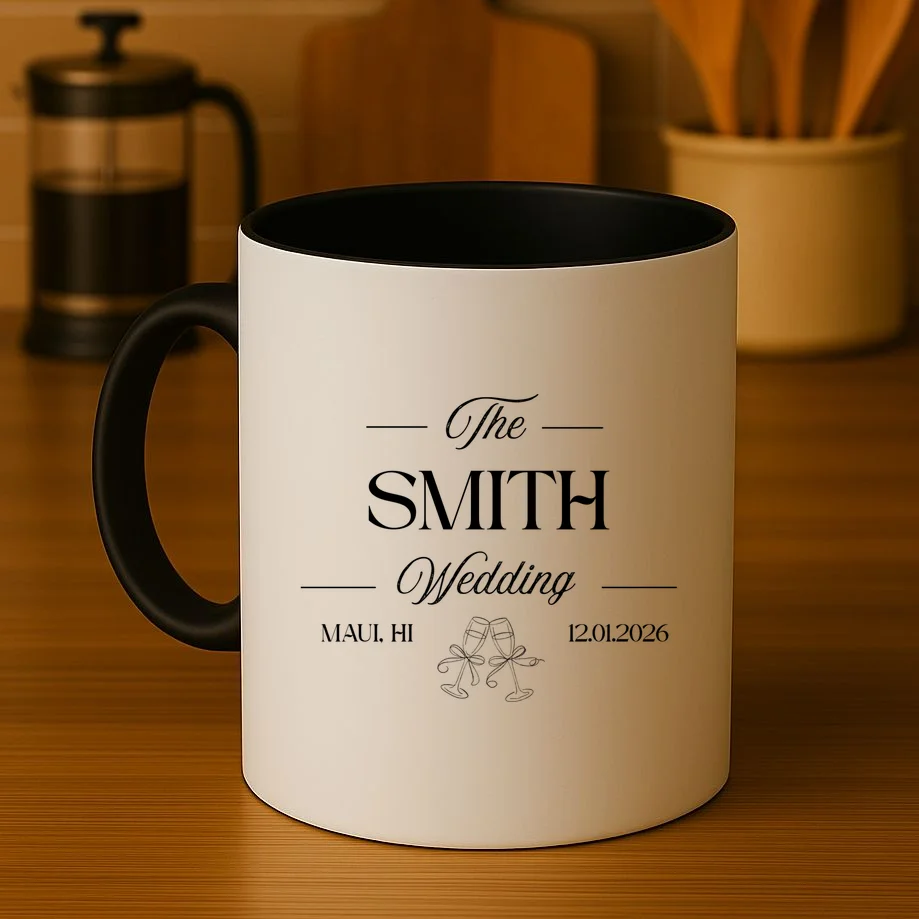 Champagne Glass Toast The Wedding Name, Location, Date Coffee Mug - Front 3