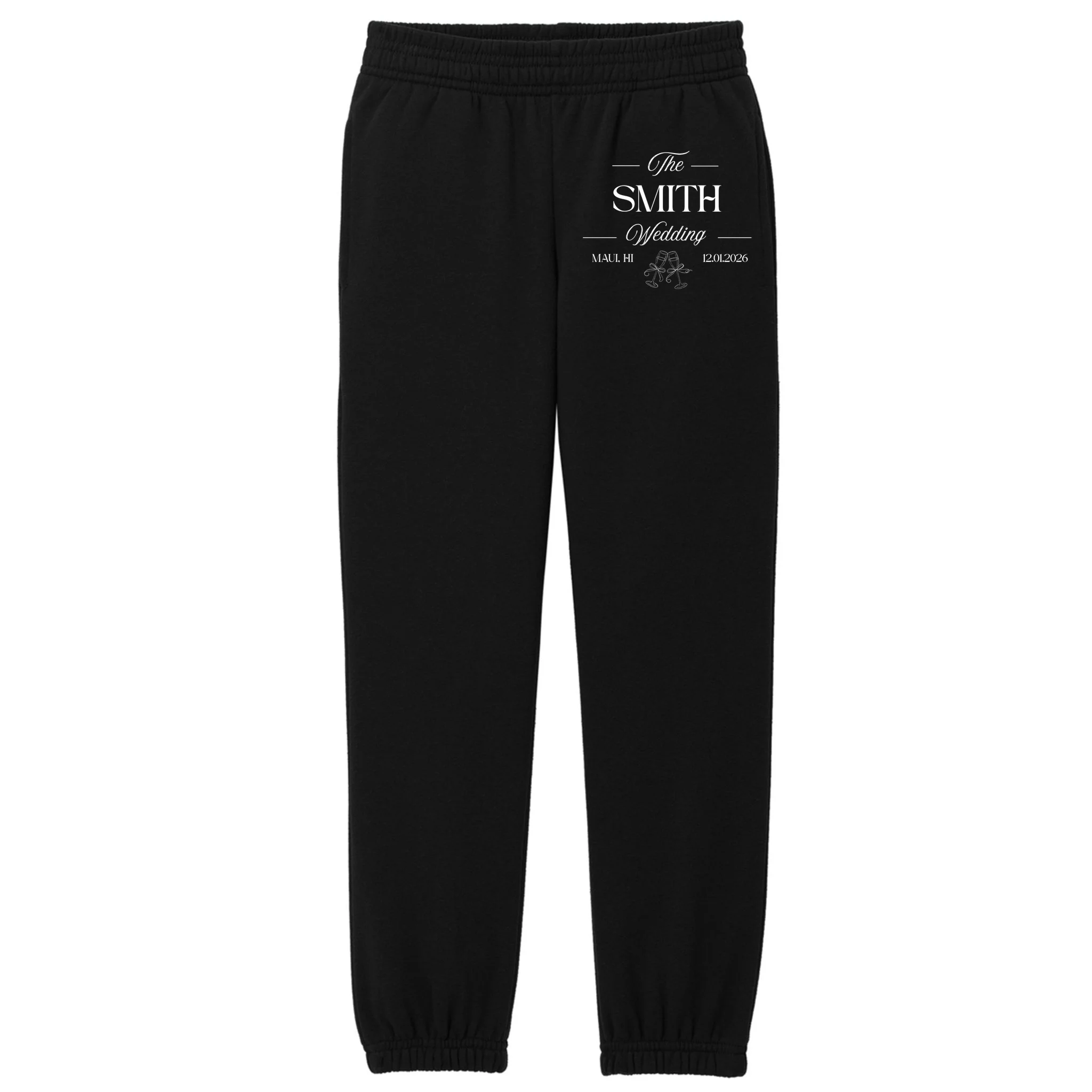 Champagne Glass Toast The Wedding Name, Location, Date Kids Fleece Sweatpants - Front
