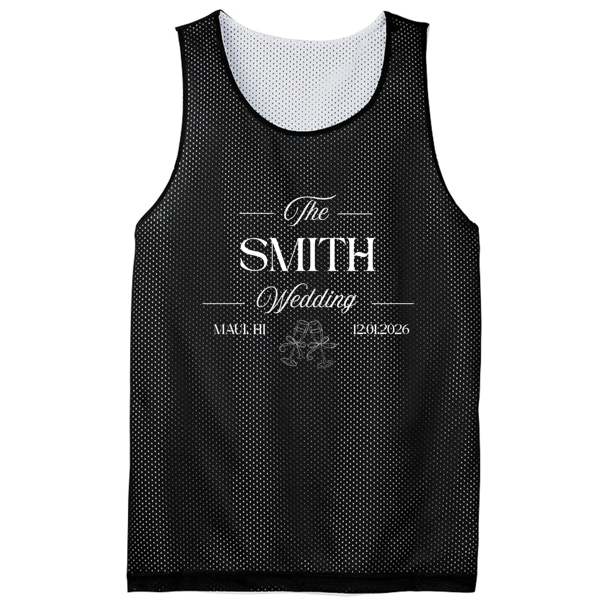 Champagne Glass Toast The Wedding Name, Location, Date Men's Basketball Jersey - Front