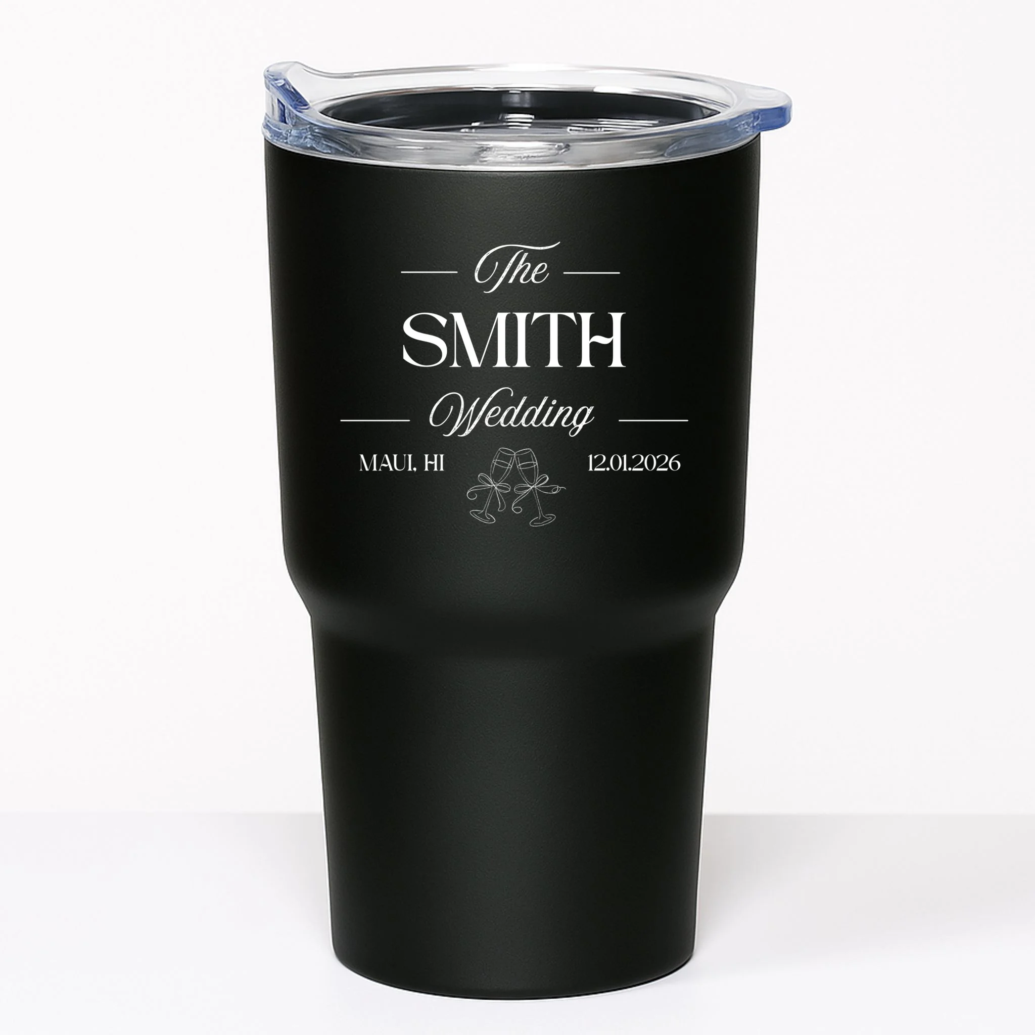 Champagne Glass Toast The Wedding Name, Location, Date 20oz Tumbler - Front