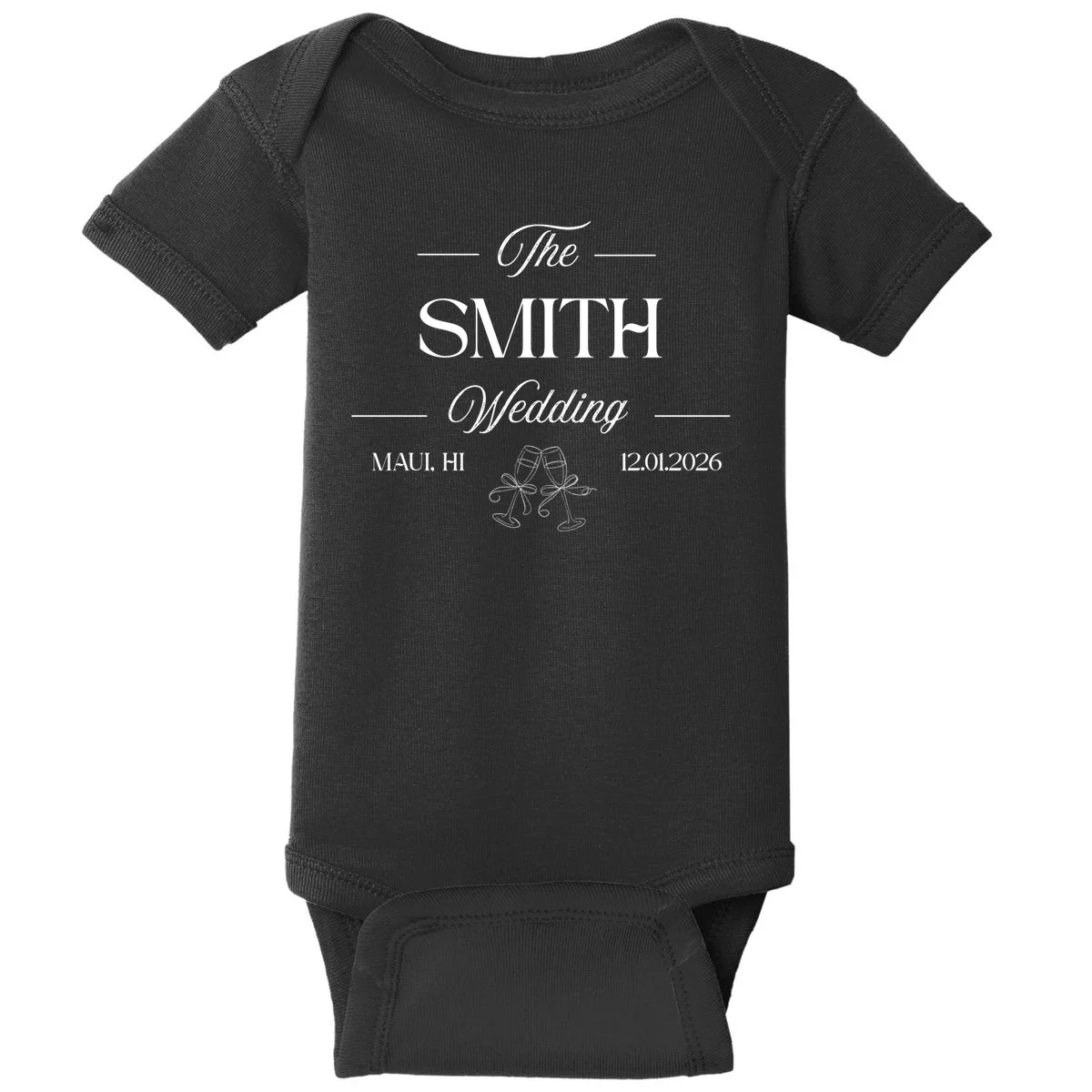 Champagne Glass Toast The Wedding Name, Location, Date Baby Bodysuit - Front