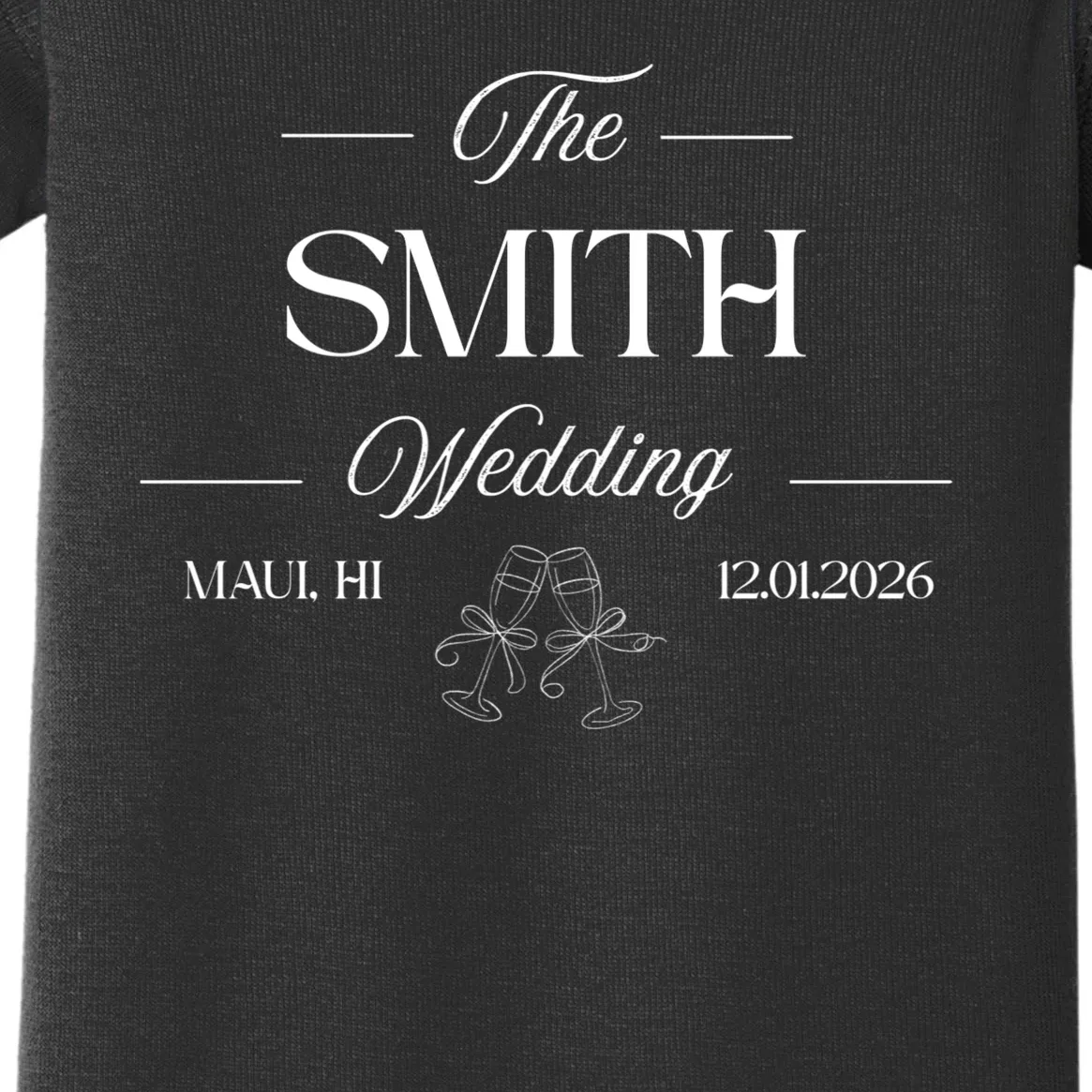 Champagne Glass Toast The Wedding Name, Location, Date Baby Bodysuit - Front - Close-up
