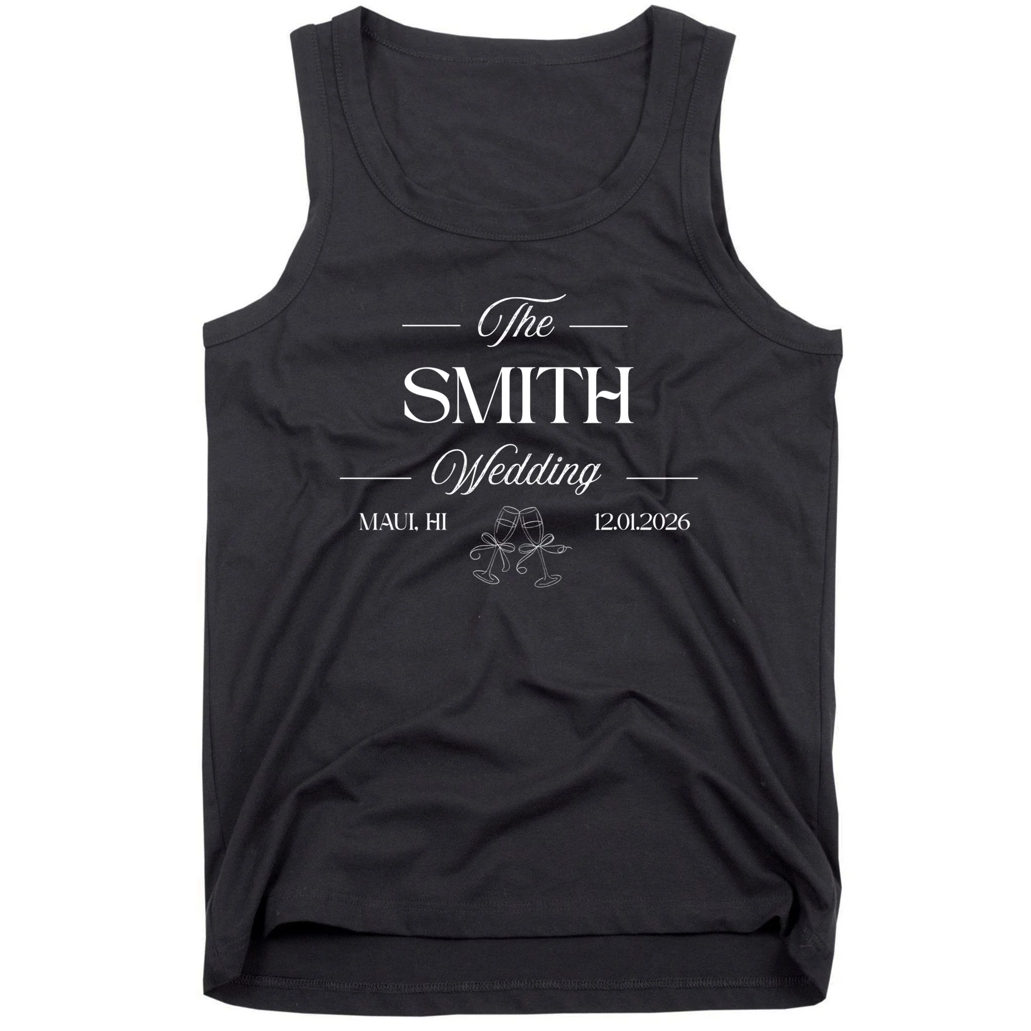 Champagne Glass Toast The Wedding Name, Location, Date Men's Tank Top - Front