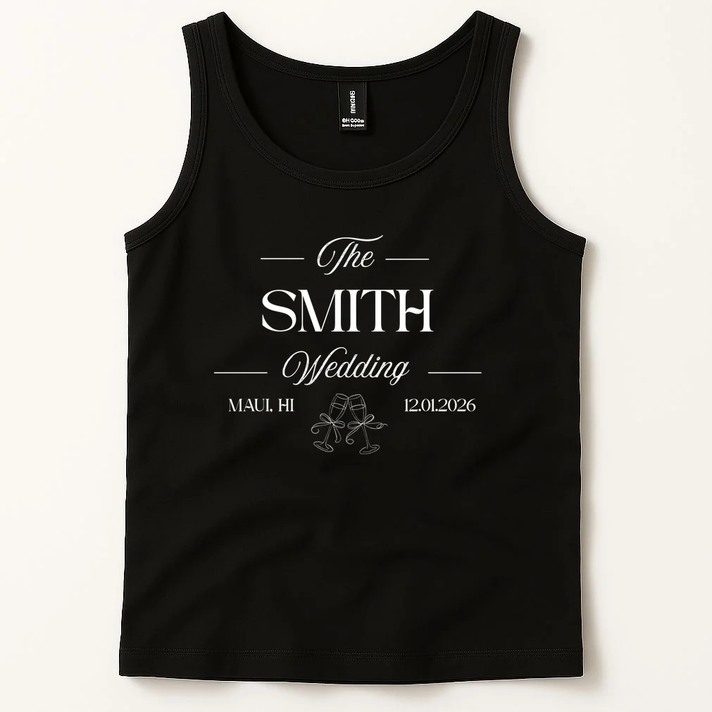 Champagne Glass Toast The Wedding Name, Location, Date Tank Top - Front 1