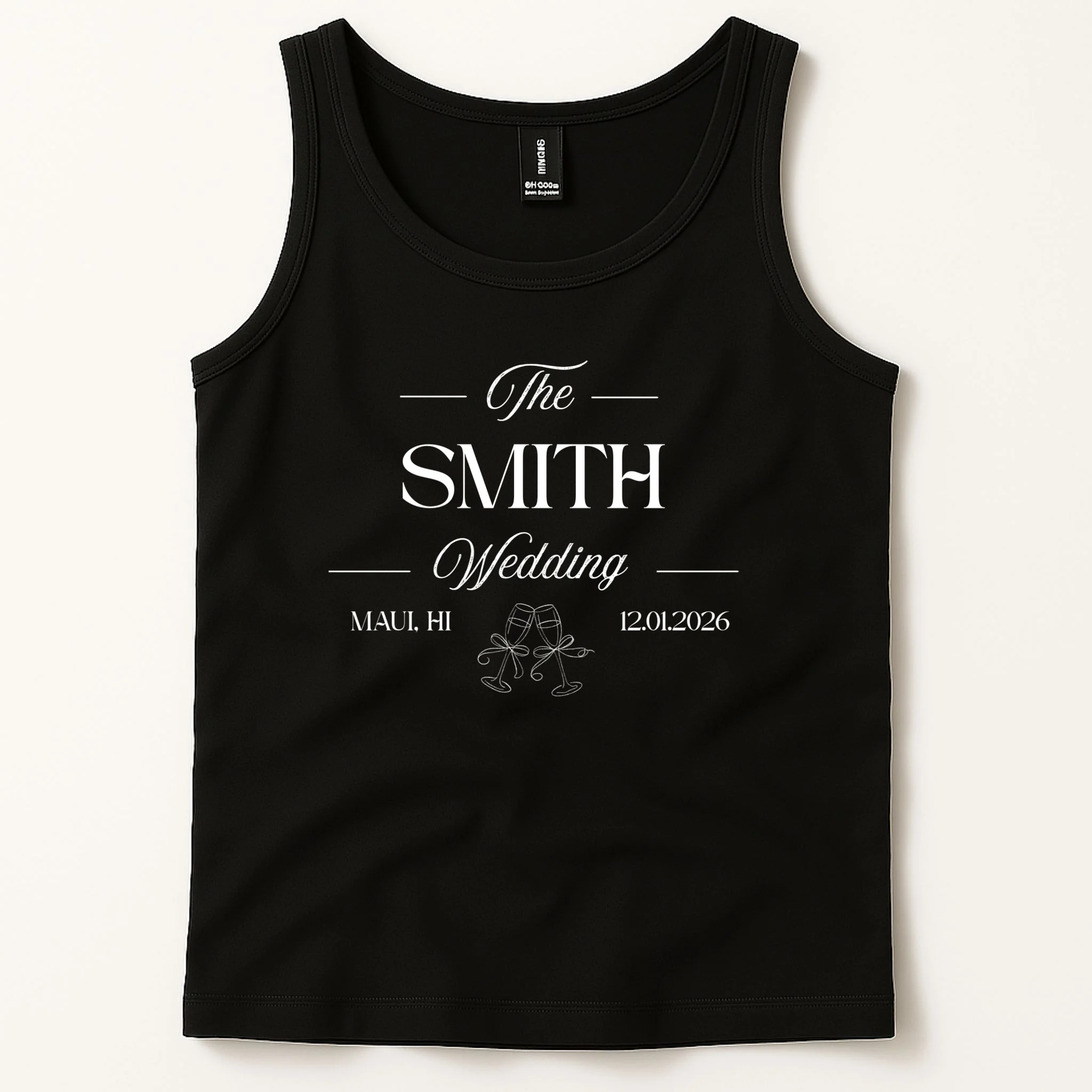 Champagne Glass Toast The Wedding Name, Location, Date Men's Tank Top - Front 1