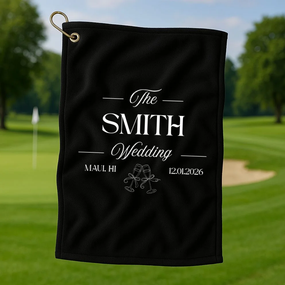 Champagne Glass Toast The Wedding Name, Location, Date Golf Towel - Front 1