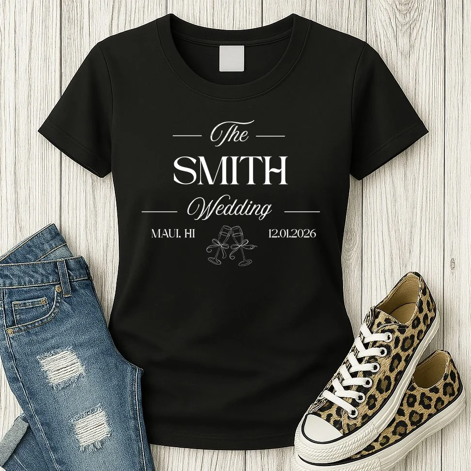 Champagne Glass Toast The Wedding Name, Location, Date Women's T-Shirt - Front 2
