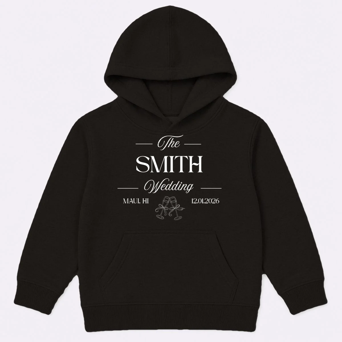 Champagne Glass Toast The Wedding Name, Location, Date Kids Hoodie - Front