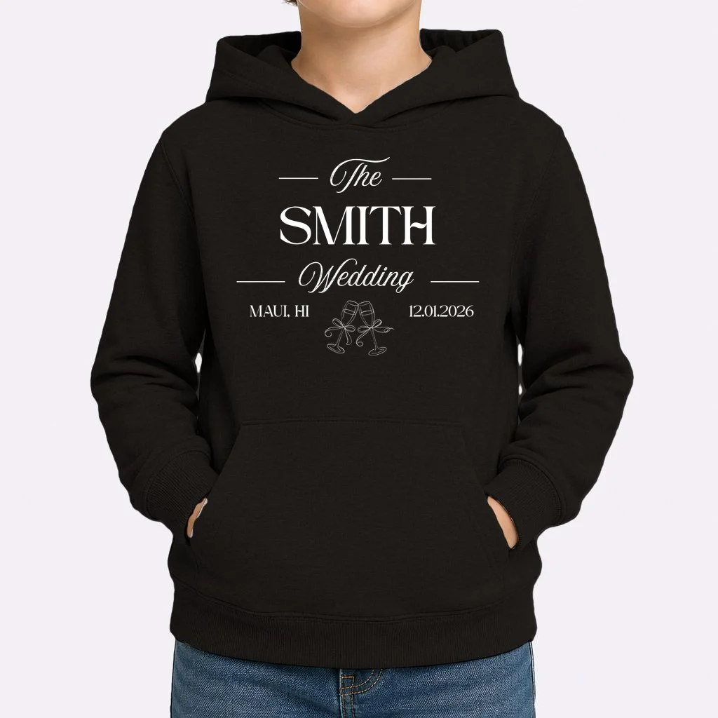 Champagne Glass Toast The Wedding Name, Location, Date Kids Hoodie - Front 1