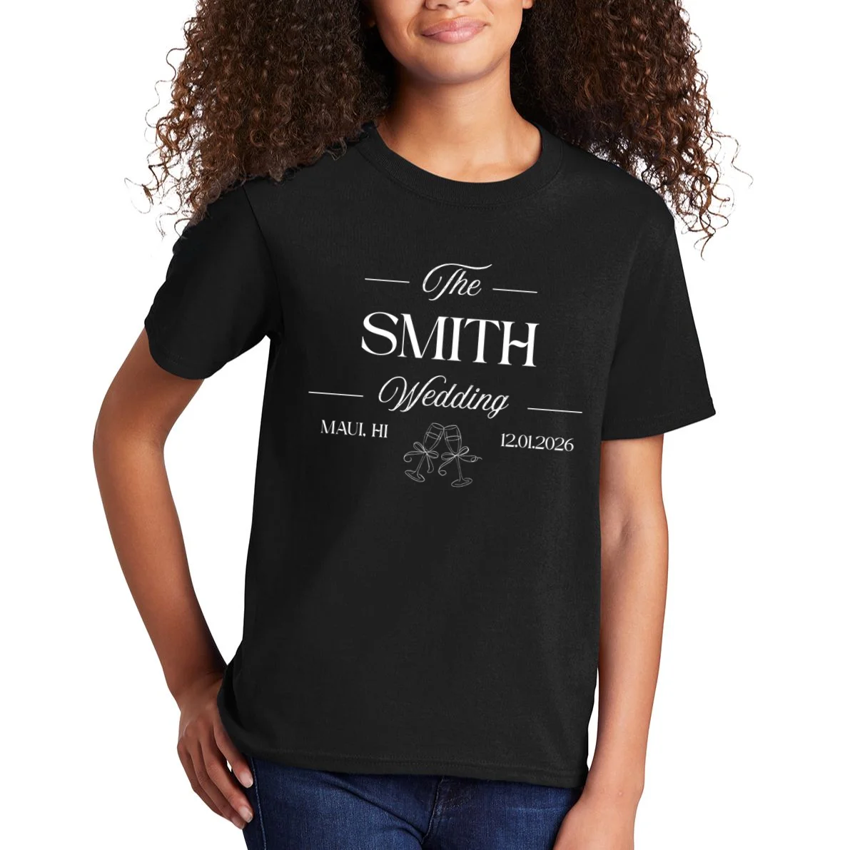 Champagne Glass Toast The Wedding Name, Location, Date Kids T-Shirt - Front 1