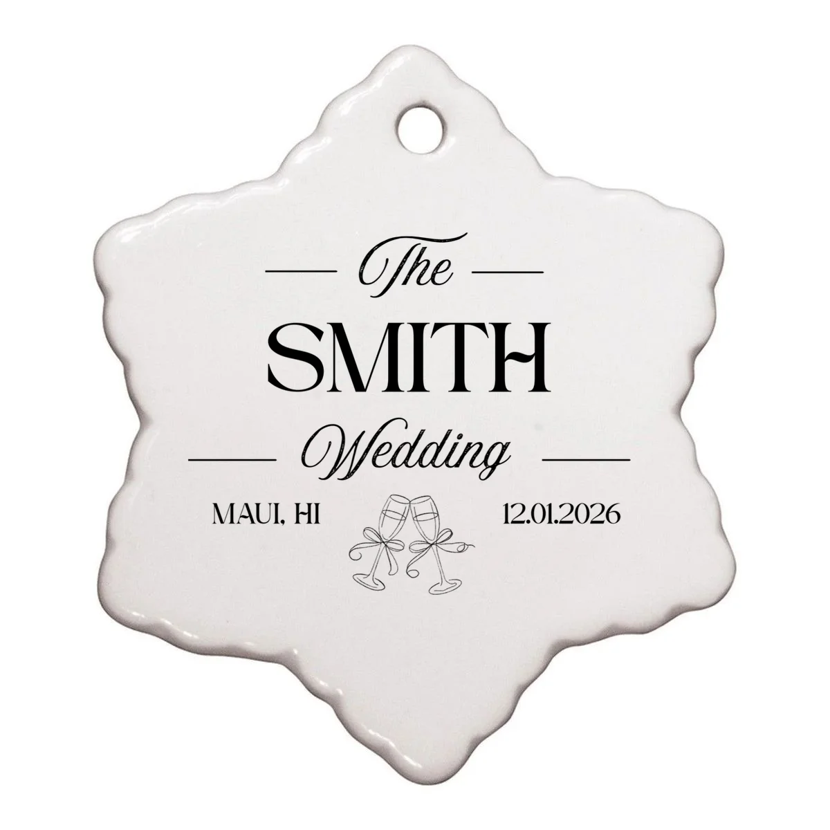 Champagne Glass Toast The Wedding Name, Location, Date Ornament - Front