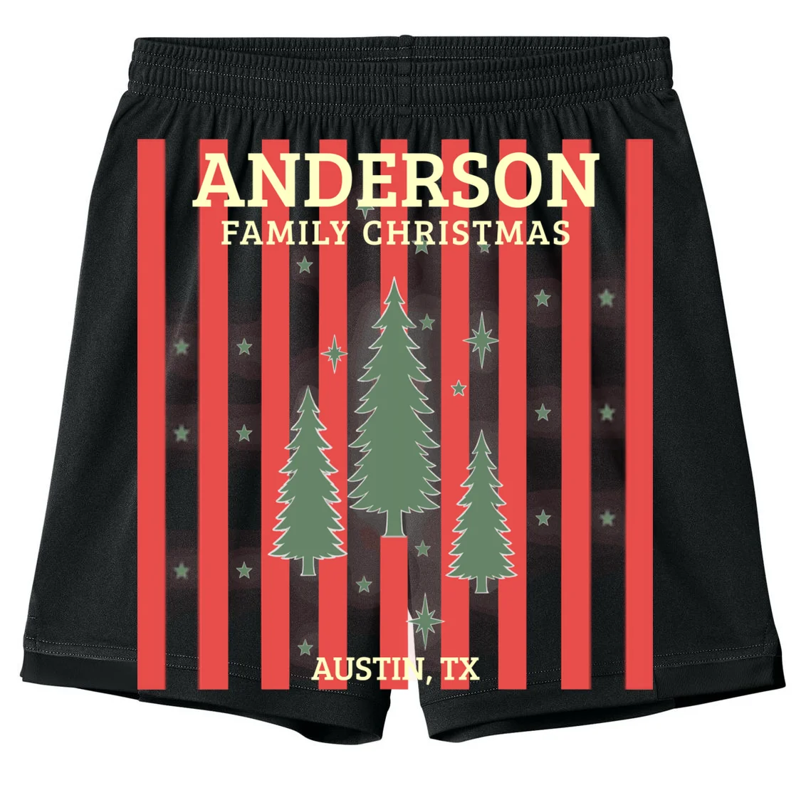 Custom Personalized Name & Place with Christmas Stripes & Trees Kids Shorts Front