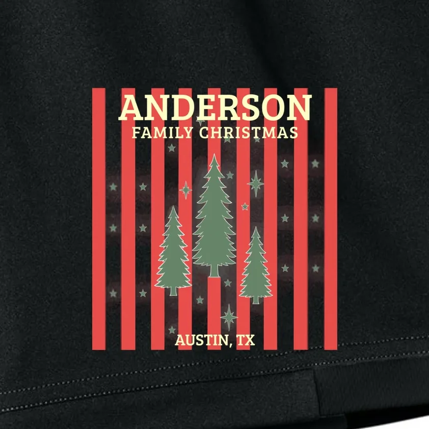 Custom Personalized Name & Place with Christmas Stripes & Trees Kids Shorts - Front - Close-up