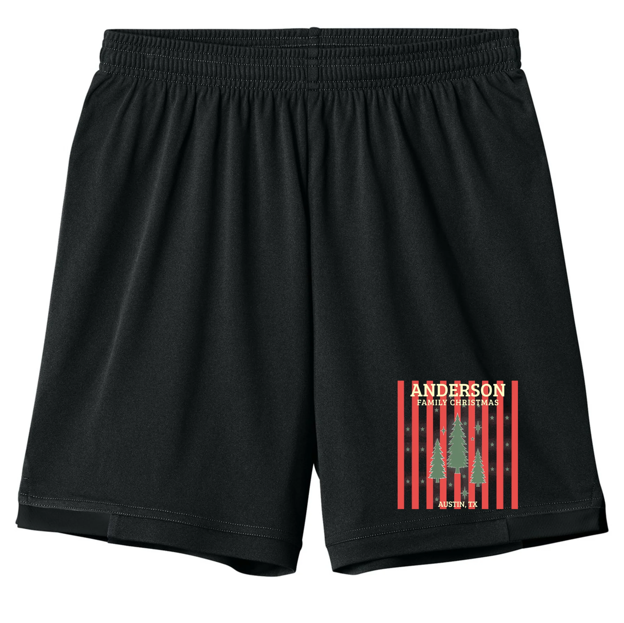 Custom Personalized Name & Place with Christmas Stripes & Trees Kids Shorts Front