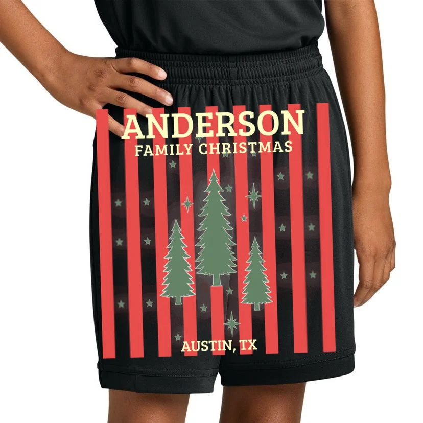 Custom Personalized Name & Place with Christmas Stripes & Trees Kids Shorts - Front 1