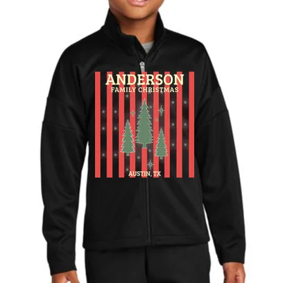 Custom Personalized Name & Place with Christmas Stripes & Trees Kids Jacket Front