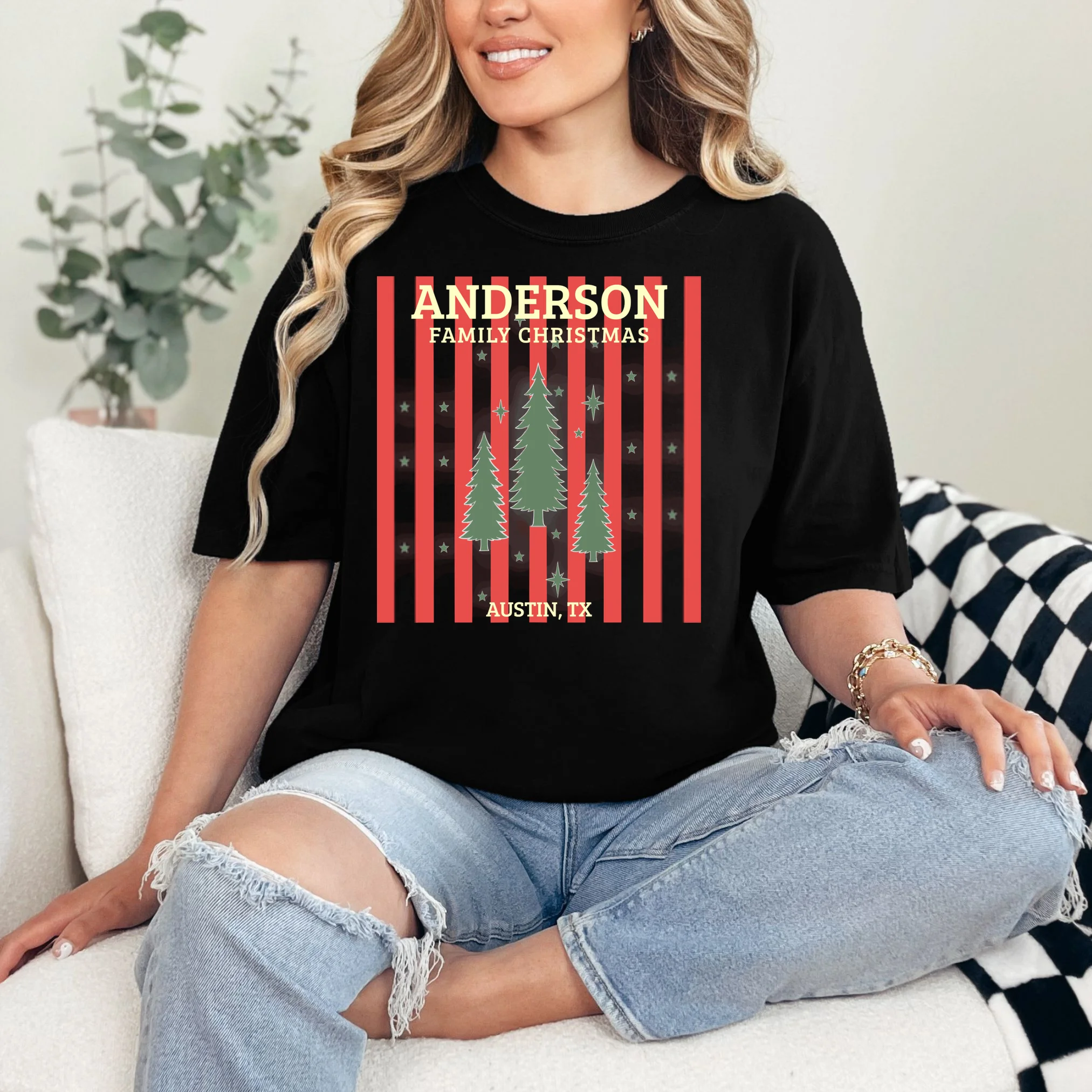 Custom Personalized Name & Place with Christmas Stripes & Trees Comfort Colors Unisex T-Shirt - Front 1