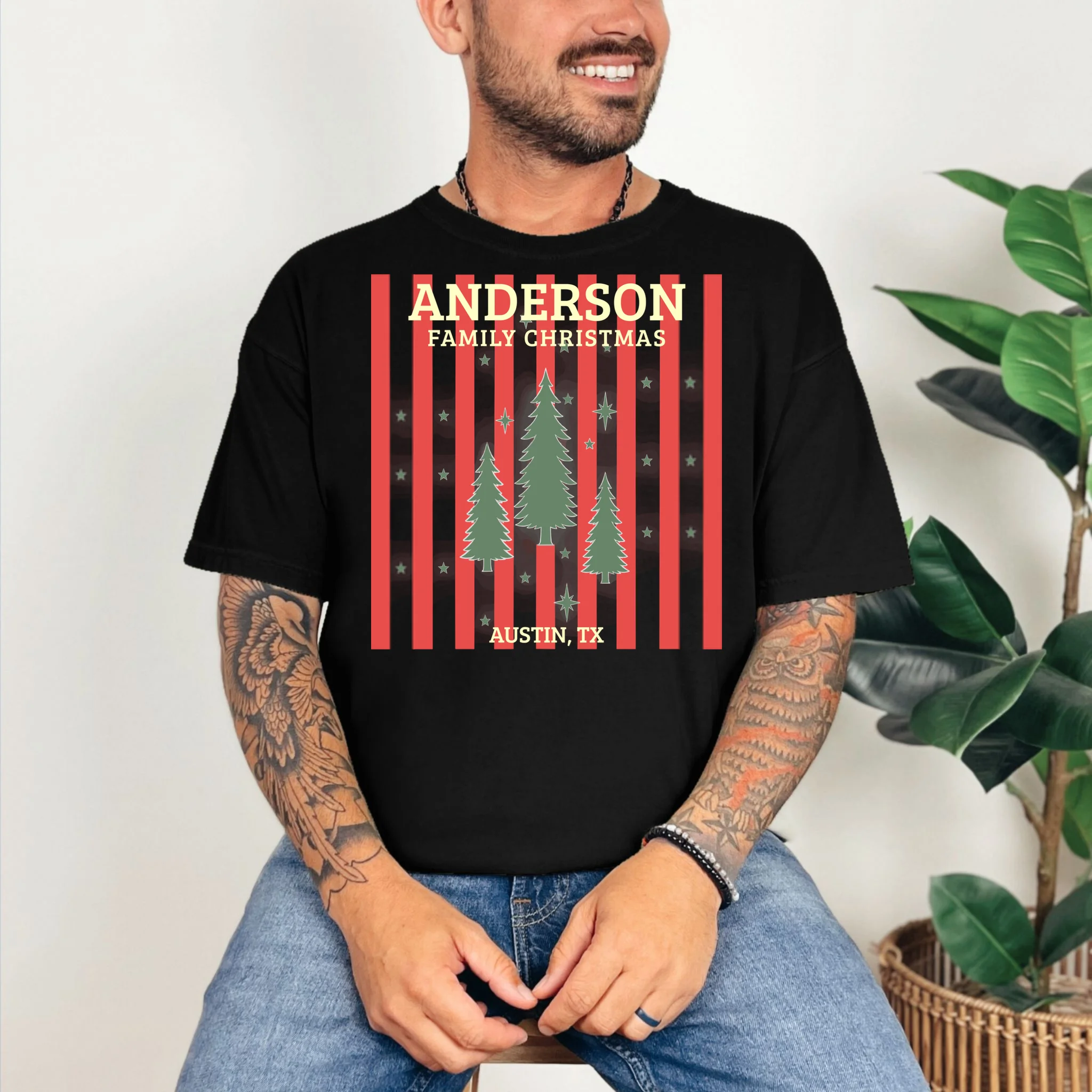 Custom Personalized Name & Place with Christmas Stripes & Trees Comfort Colors Unisex T-Shirt - Front 2