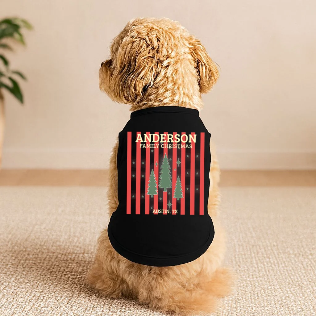 Custom Personalized Name & Place with Christmas Stripes & Trees Doggie Tank - Front 1