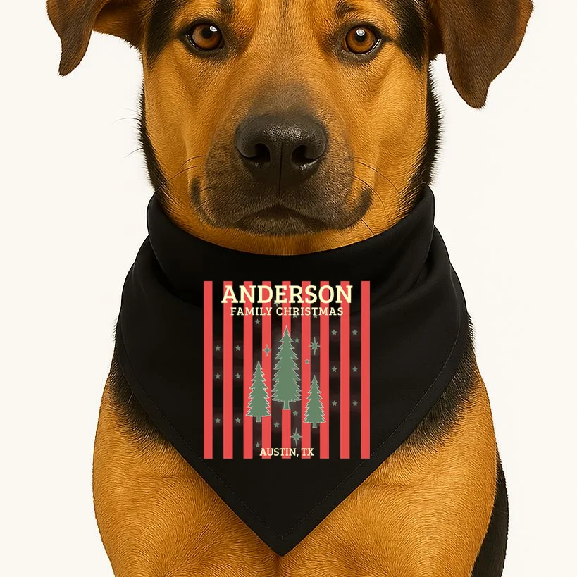 Custom Personalized Name & Place with Christmas Stripes & Trees Dog Bandana - Front 1