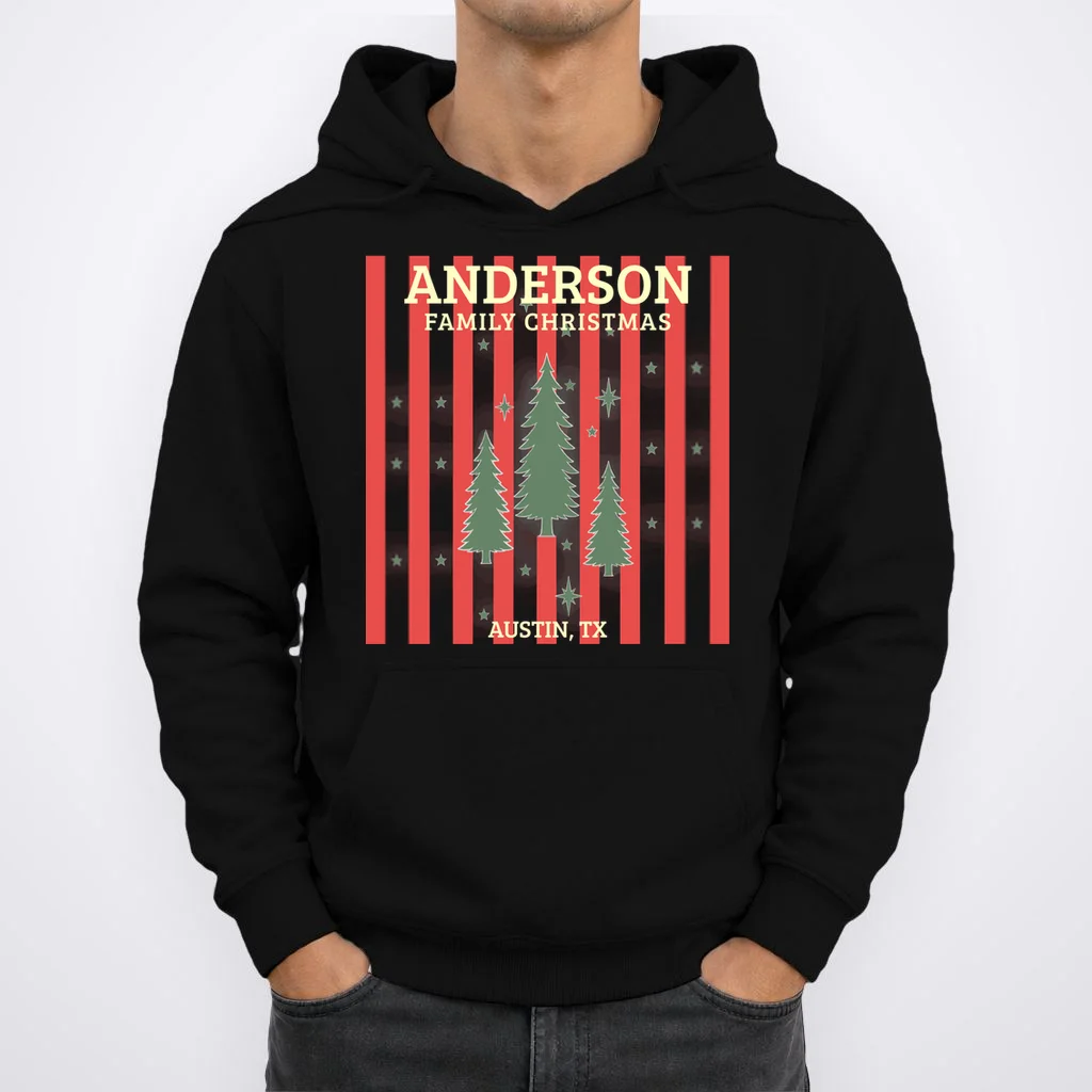 Custom Personalized Name & Place with Christmas Stripes & Trees Men's Hoodie - Front 1