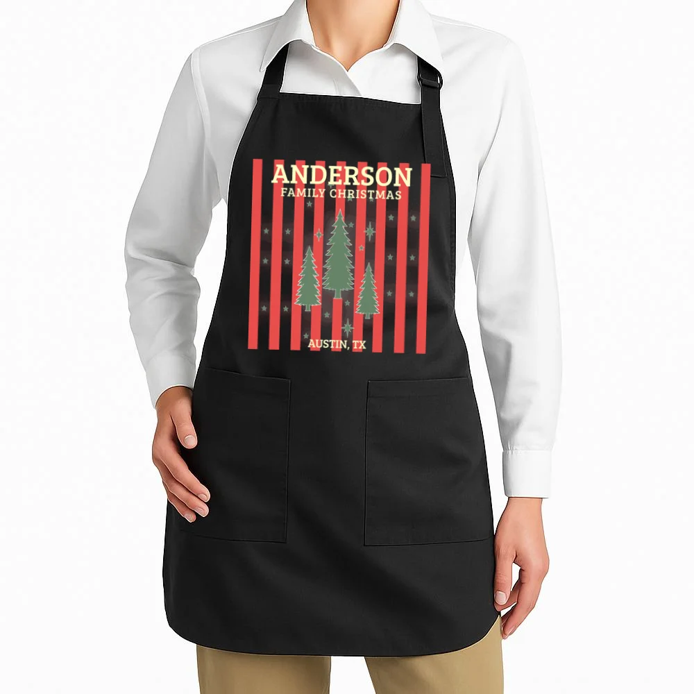 Custom Personalized Name & Place with Christmas Stripes & Trees Apron - Front 1